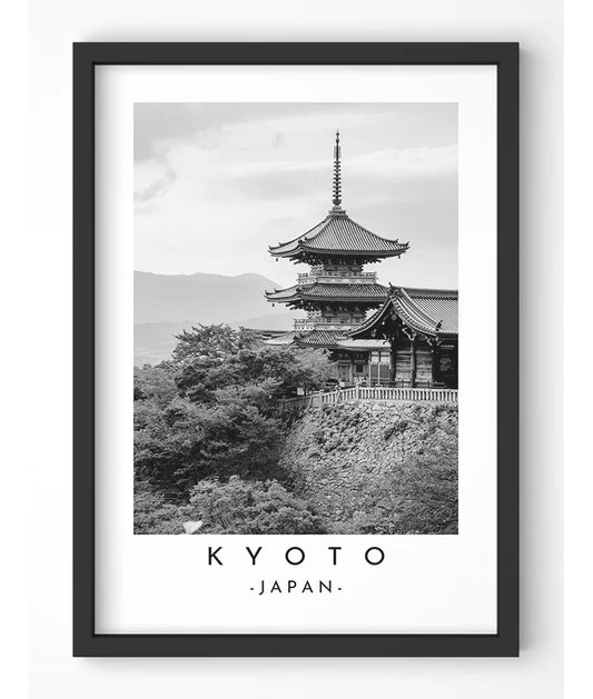 Black and white photograph of the Kiyomizu-dera Temple in Kyoto, Japan, with its wooden stage overlooking the city.
