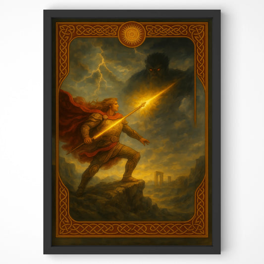 Studio-style image of Lugh Lámhfada Celtic mythology print with black frame on white wall.