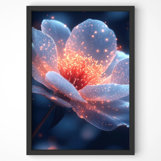 Framed luminous floral print with glowing petals in blue and orange hues, set against a deep background.
