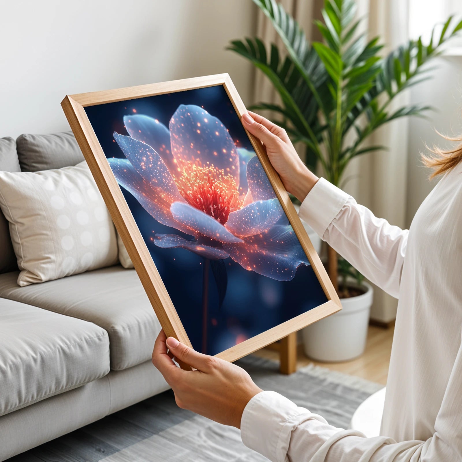 A person holding a luminous botanical print featuring a radiant flower with glowing orange and blue tones.
