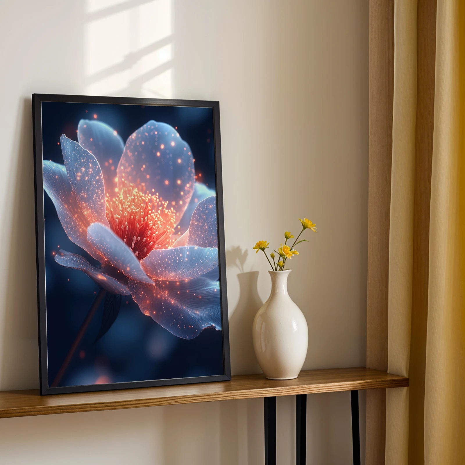 Modern botanical wall art print with a glowing floral effect, elegantly placed on a wooden console.
