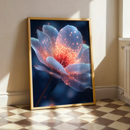 Close-up of an ethereal flower print with light-infused details, framed in wood, displayed on a checkered floor.
