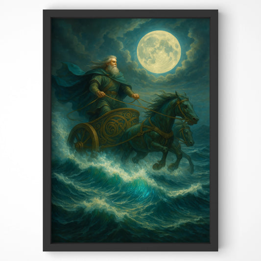 Close-up of the Manannán mac Lir Celtic wall art in a black frame, highlighting ocean waves and moonlit sky.
