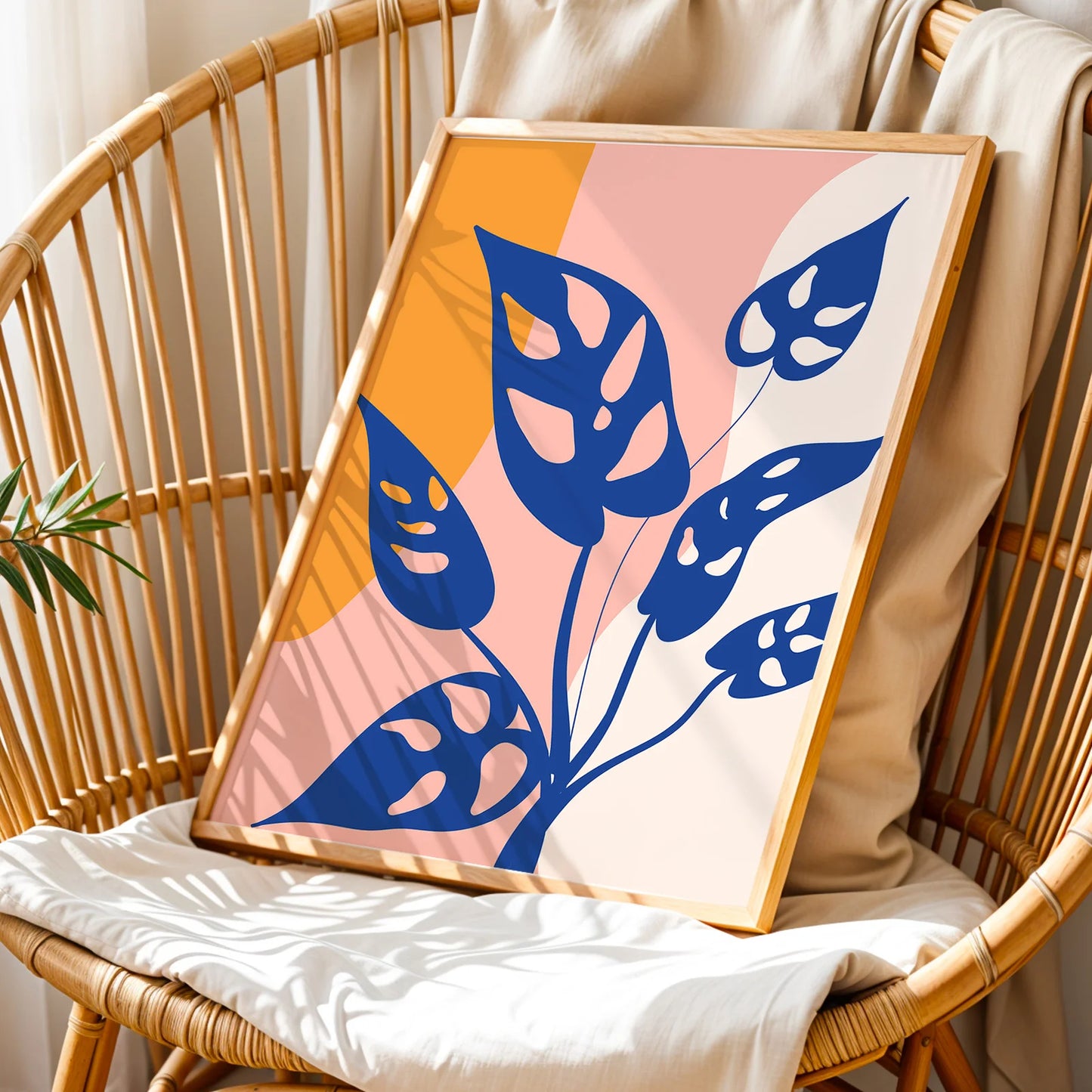 Abstract botanical design with cut-out blue leaves on a pastel background.
