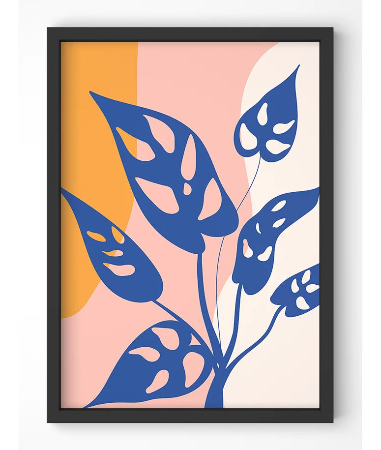 Modern botanical art print with bold blue leaves and abstract shapes.