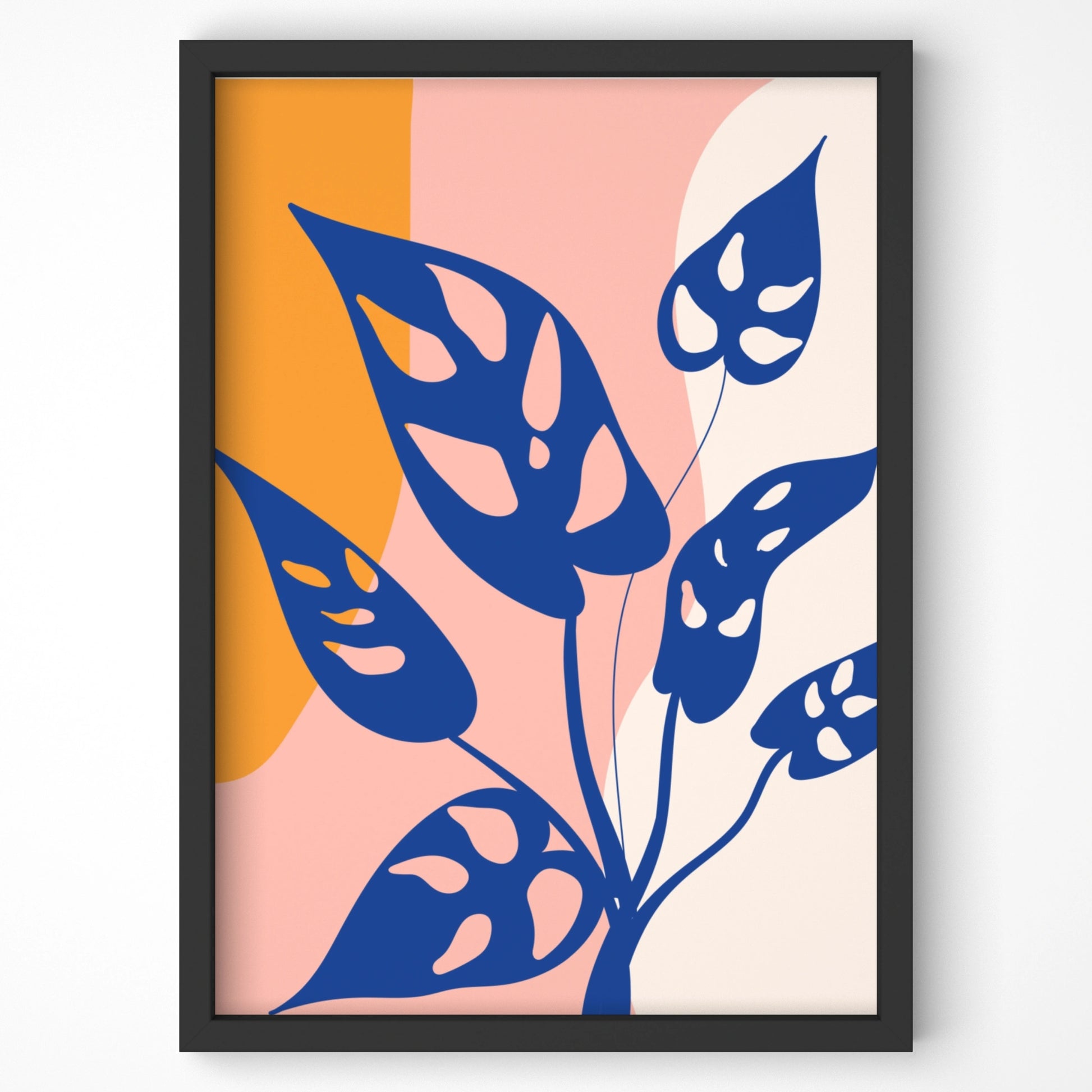 Modern botanical art print with bold blue leaves and abstract shapes.