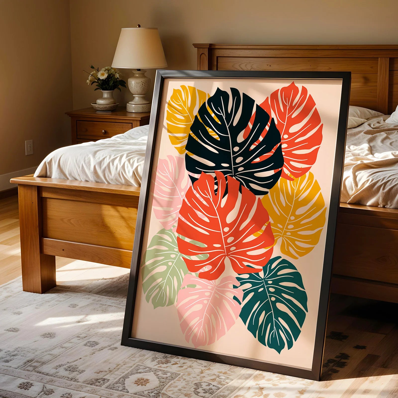 Artistic monstera leaf print with a retro-inspired color palette.