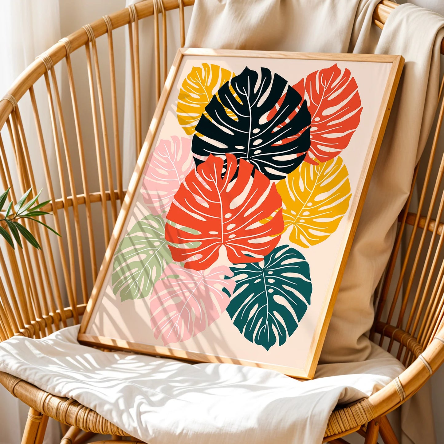 Abstract botanical print featuring colorful monstera leaves.