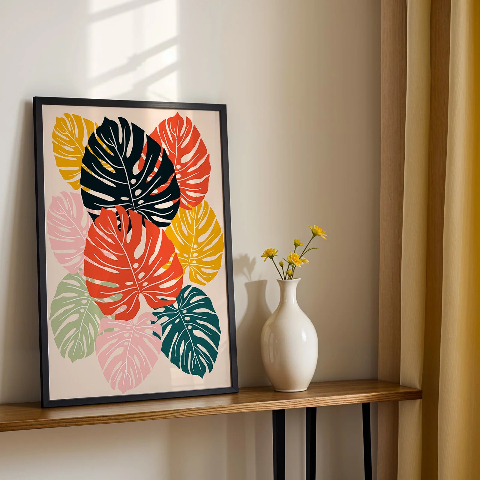 Graphic botanical artwork showcasing stylized monstera leaves.