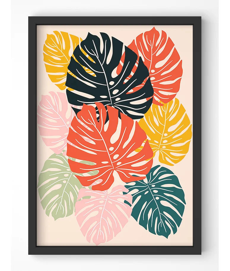 Stylized monstera leaf art print with vibrant color variations.