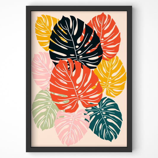 Stylized monstera leaf art print with vibrant color variations.