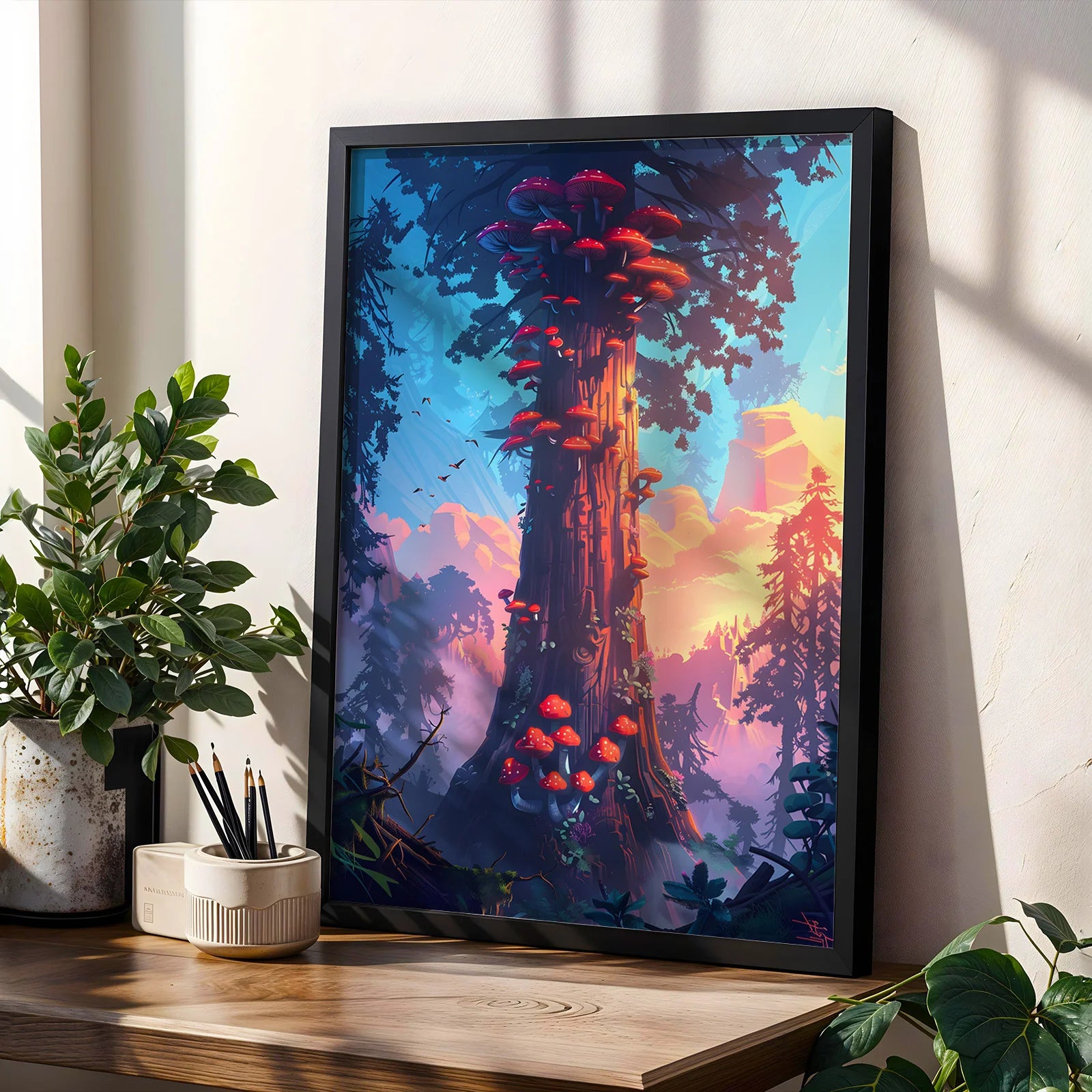 Tree with mushroom art print, a vibrant nature illustration