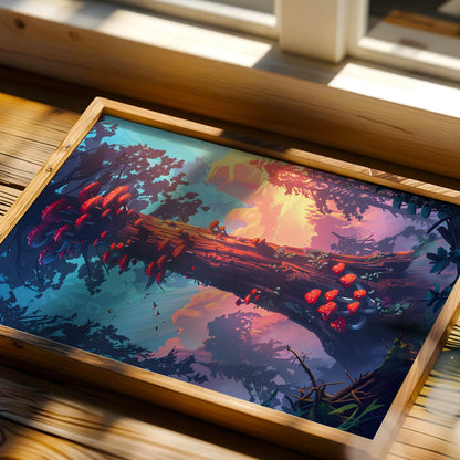 Fantasy landscape print featuring a vibrant mushroom tree