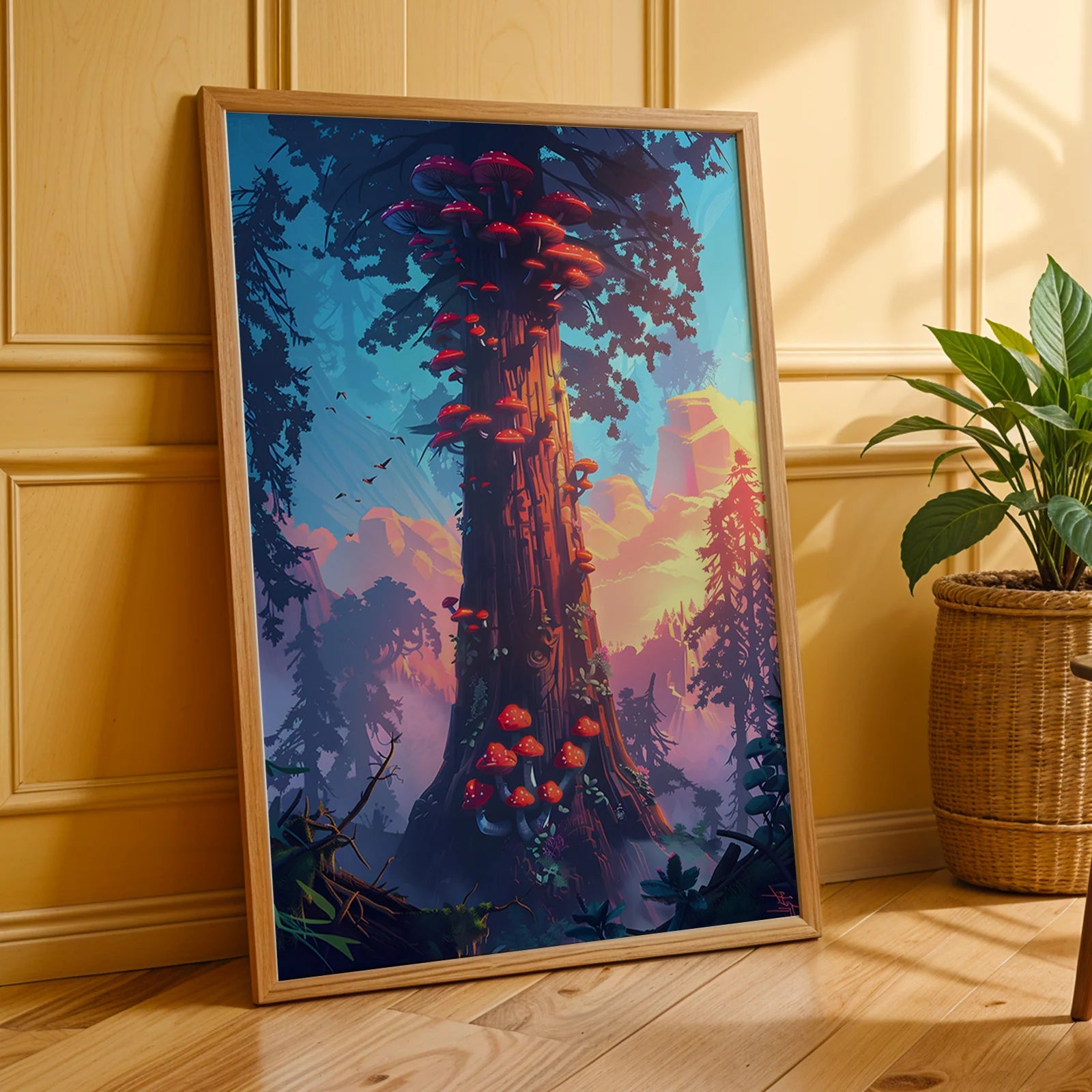 Illustrative nature art print of a tree with red mushrooms