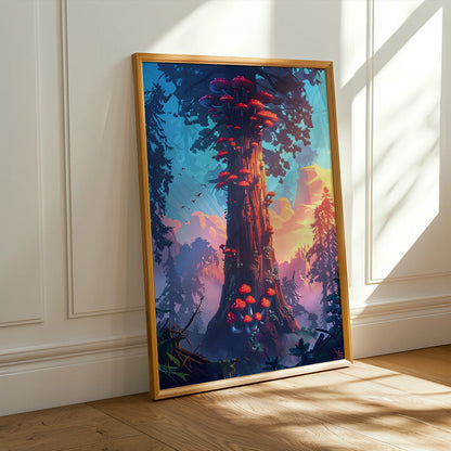 Colorful fantasy art print depicting a mushroom tree in a forest