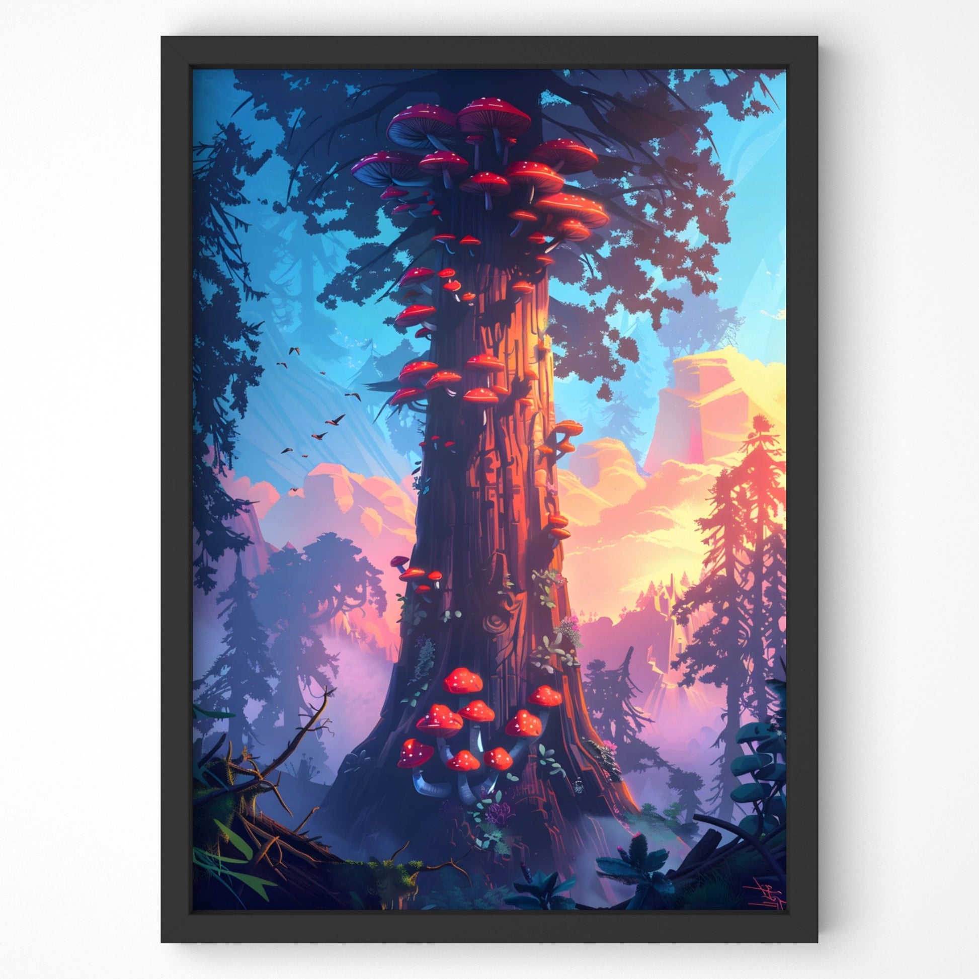 Enchanting mushroom tree forest print in vivid colors