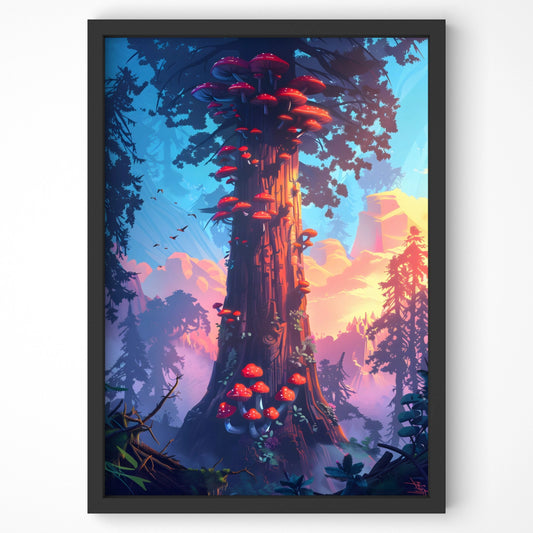 Enchanting mushroom tree forest print in vivid colors