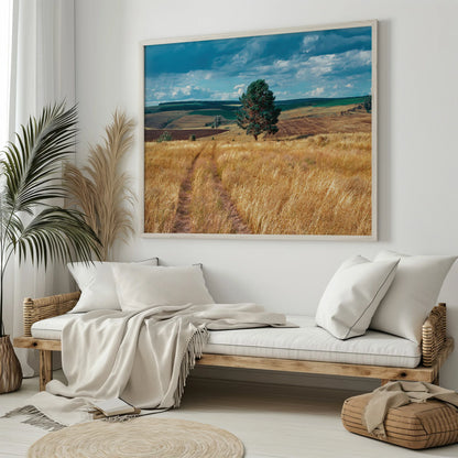 Framed golden fields print elegantly displayed in a cozy, neutral-toned living room.
