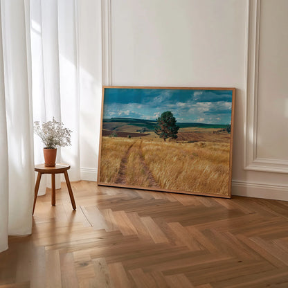 Golden fields print adding warmth and contrast to a modern living space with bold decor.

