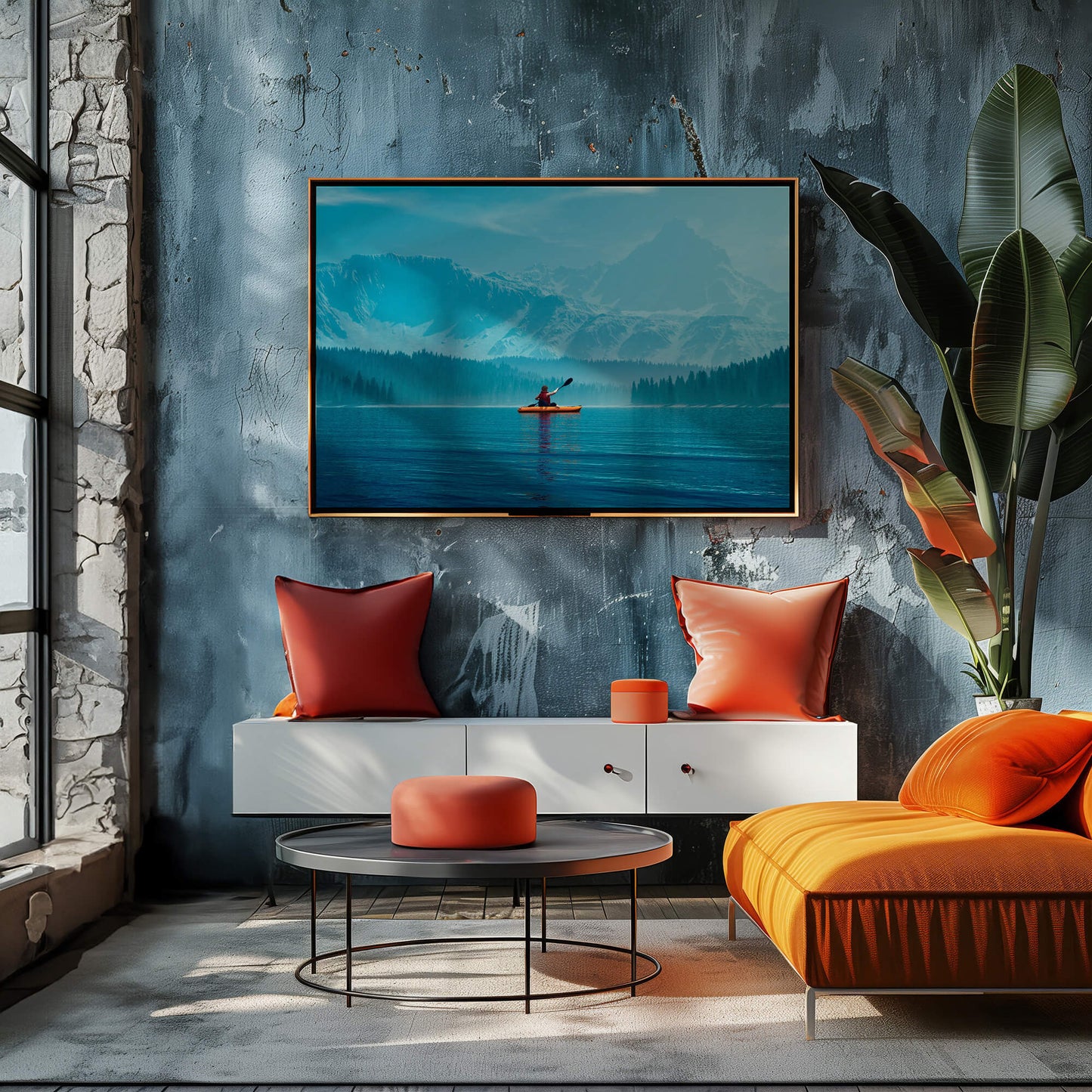 Kayak explorer print adding depth and serenity to a contemporary living space.
