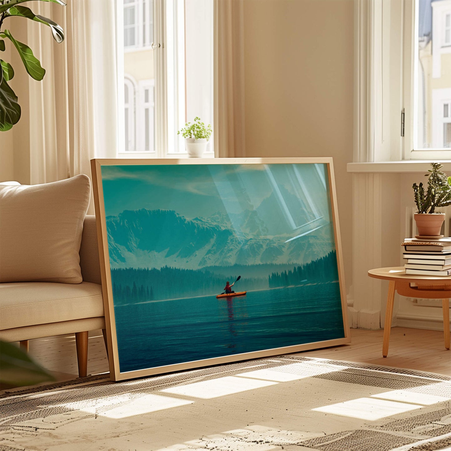 Wooden-framed kayak print leaning against a wall, bringing a sense of escape and adventure.
