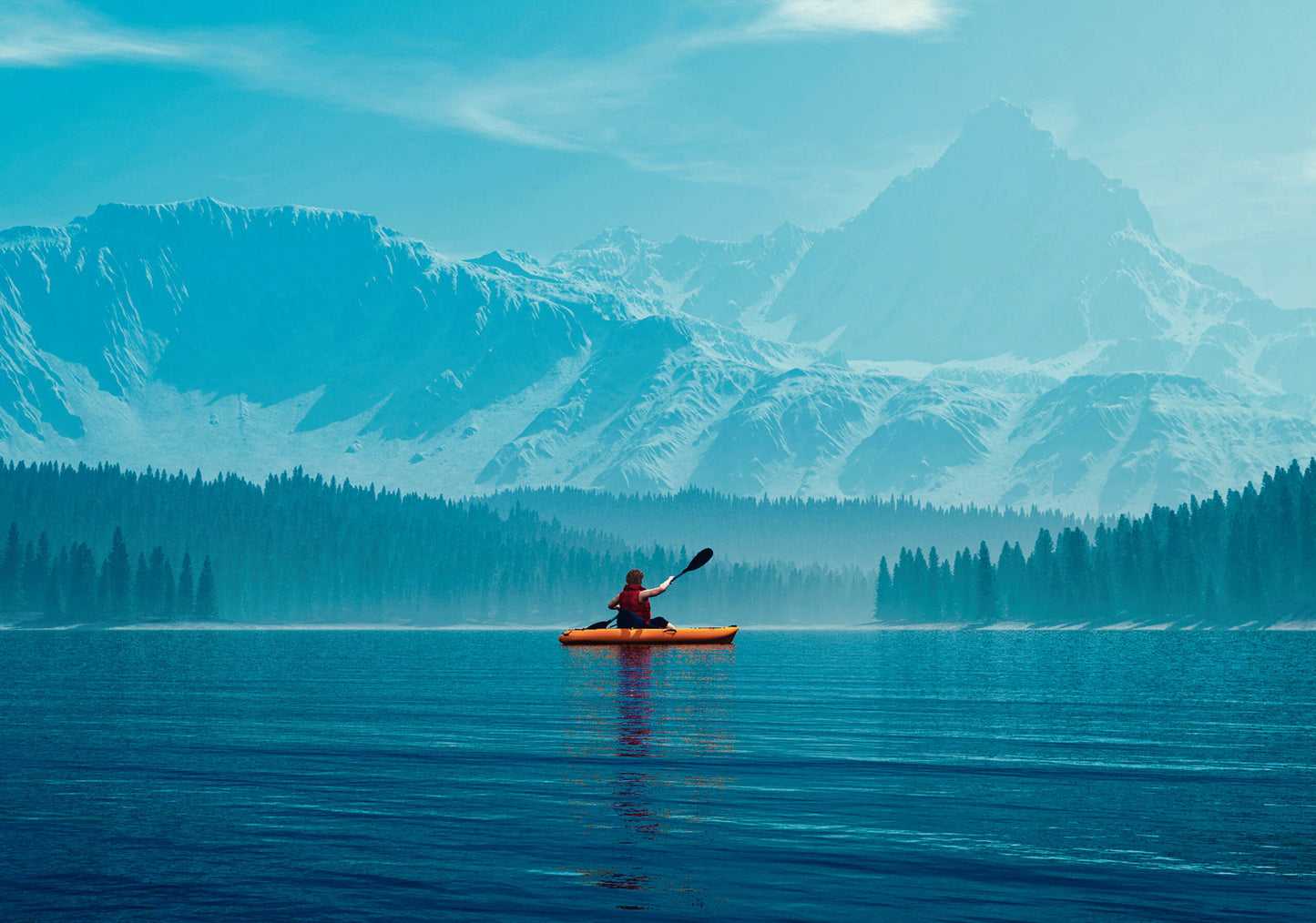 Stunning wall art print of a kayaker paddling across a tranquil blue lake with towering mountains in the background.
