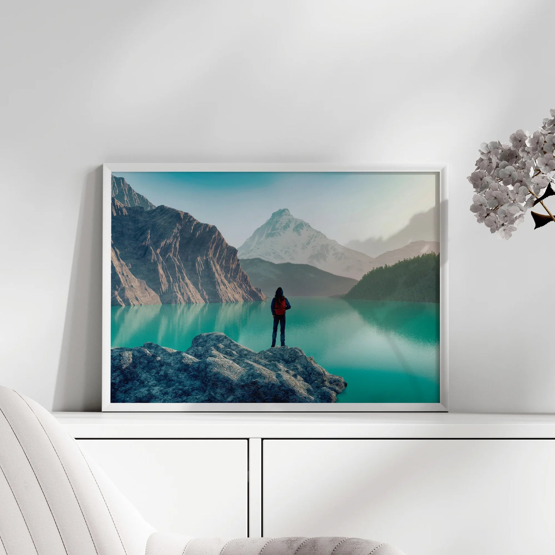 Statement landscape photography print in copper frame with orange accents, perfect for industrial chic Irish apartments and urban living spaces