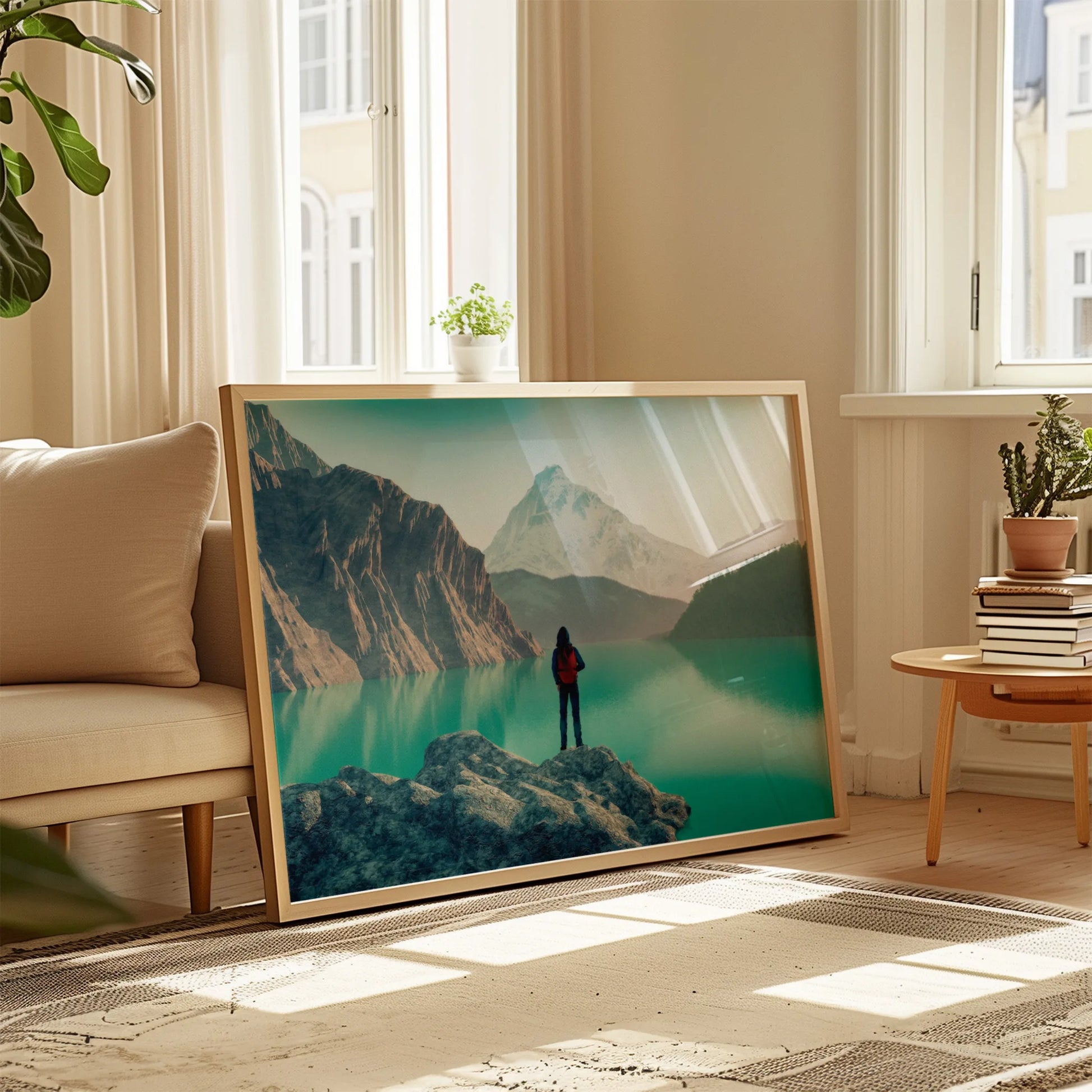 Minimalist landscape photography print with light wooden frame, styled on white shelf with simple plant decor for contemporary Irish homes