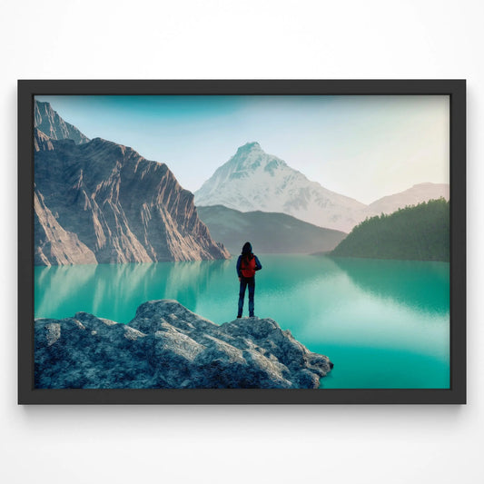 A serene nature and landscape art print featuring a tranquil lake surrounded by lush greenery, perfect for elegant living room decor.
