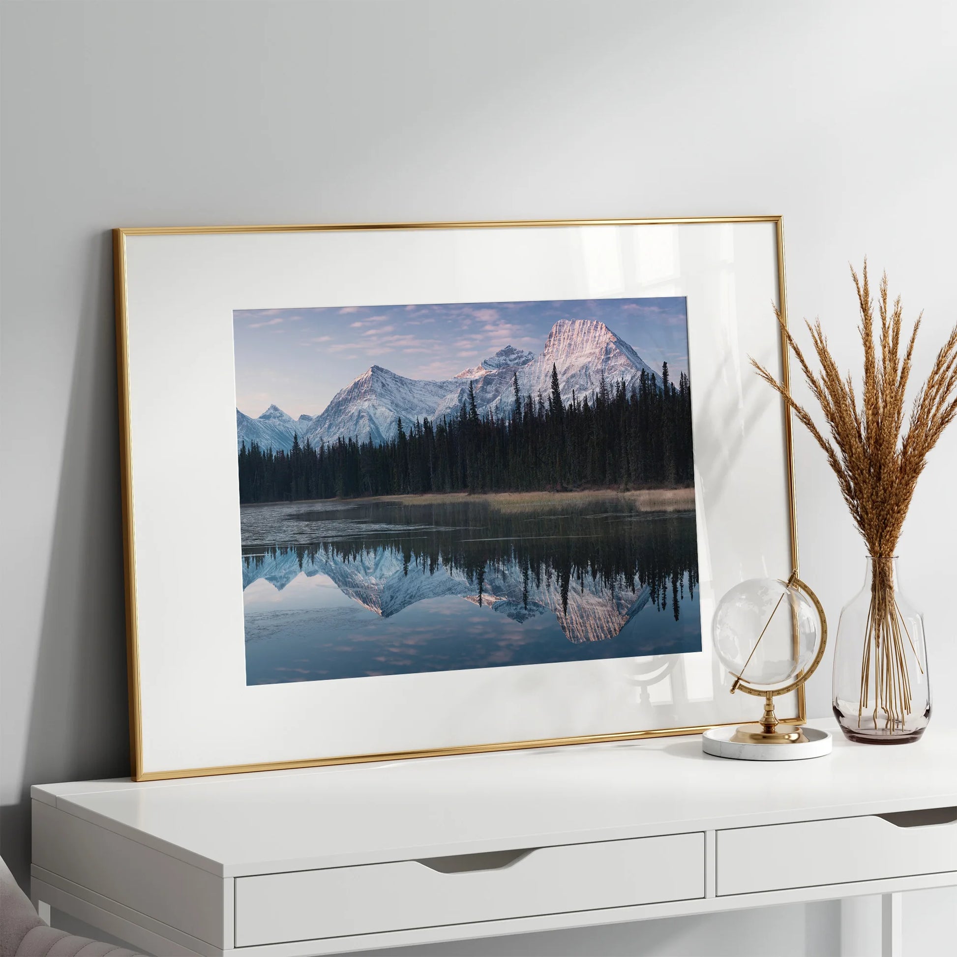 Lake Reflection Print Framed Showcased in Modern Decor