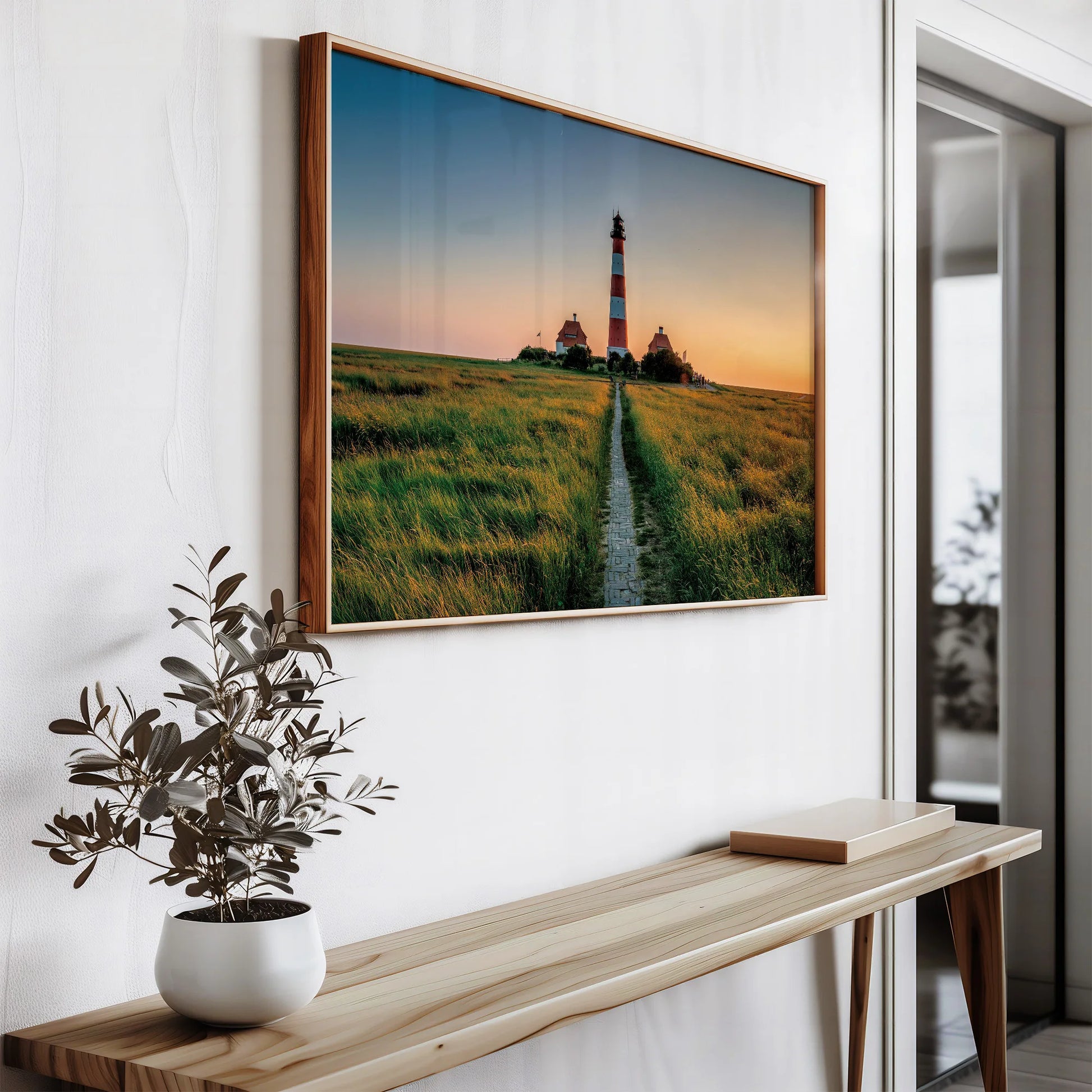 Lighthouse Path Framed Print in elegant minimalist living room.