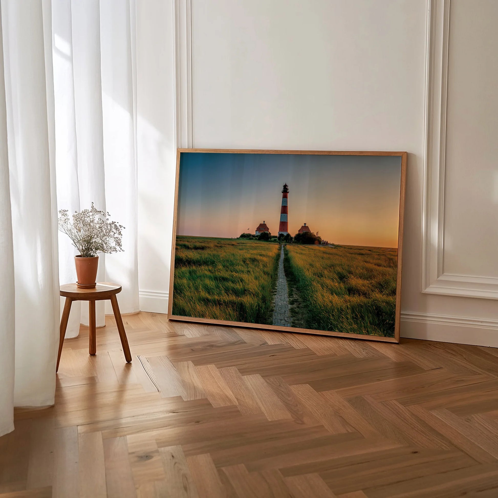 Lighthouse Path Framed Print elegant large wooden frame.
