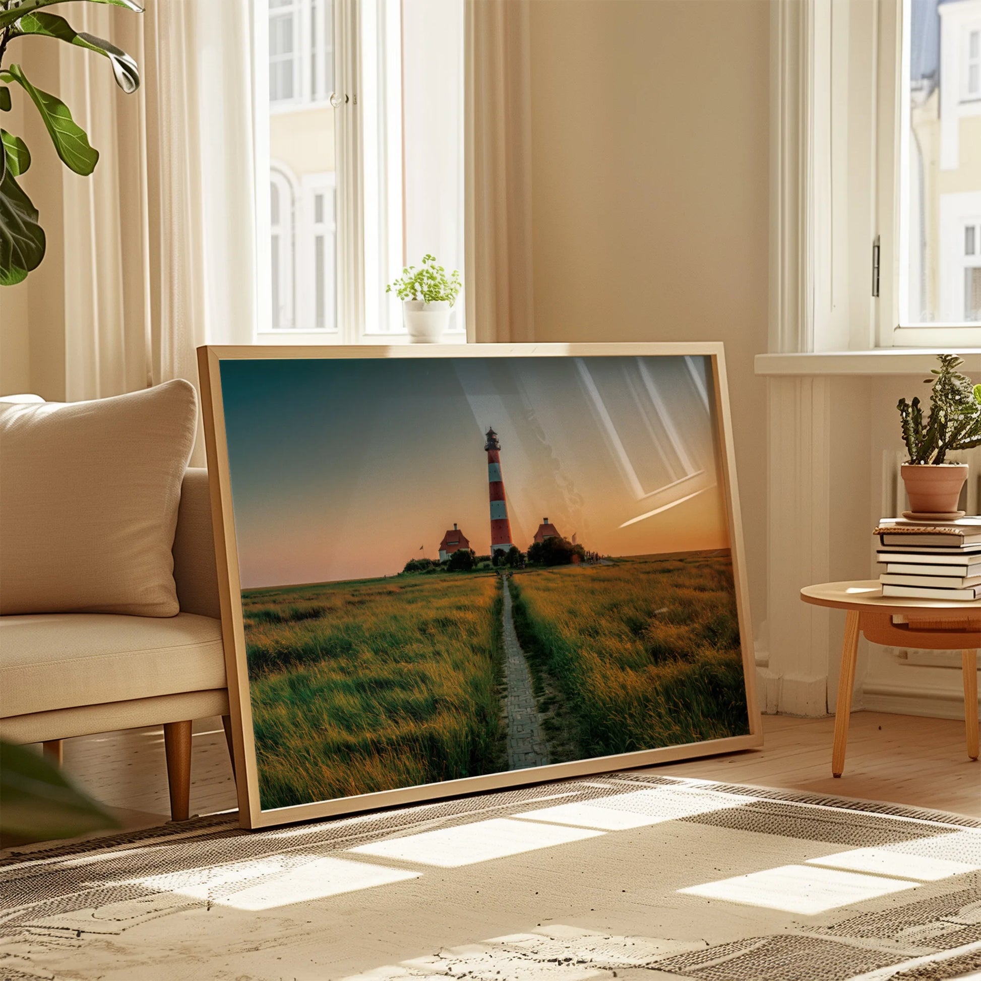 Lighthouse Path Framed Print in Modern Living Room