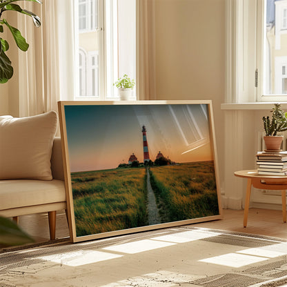 Lighthouse Path Framed Print in Modern Living Room