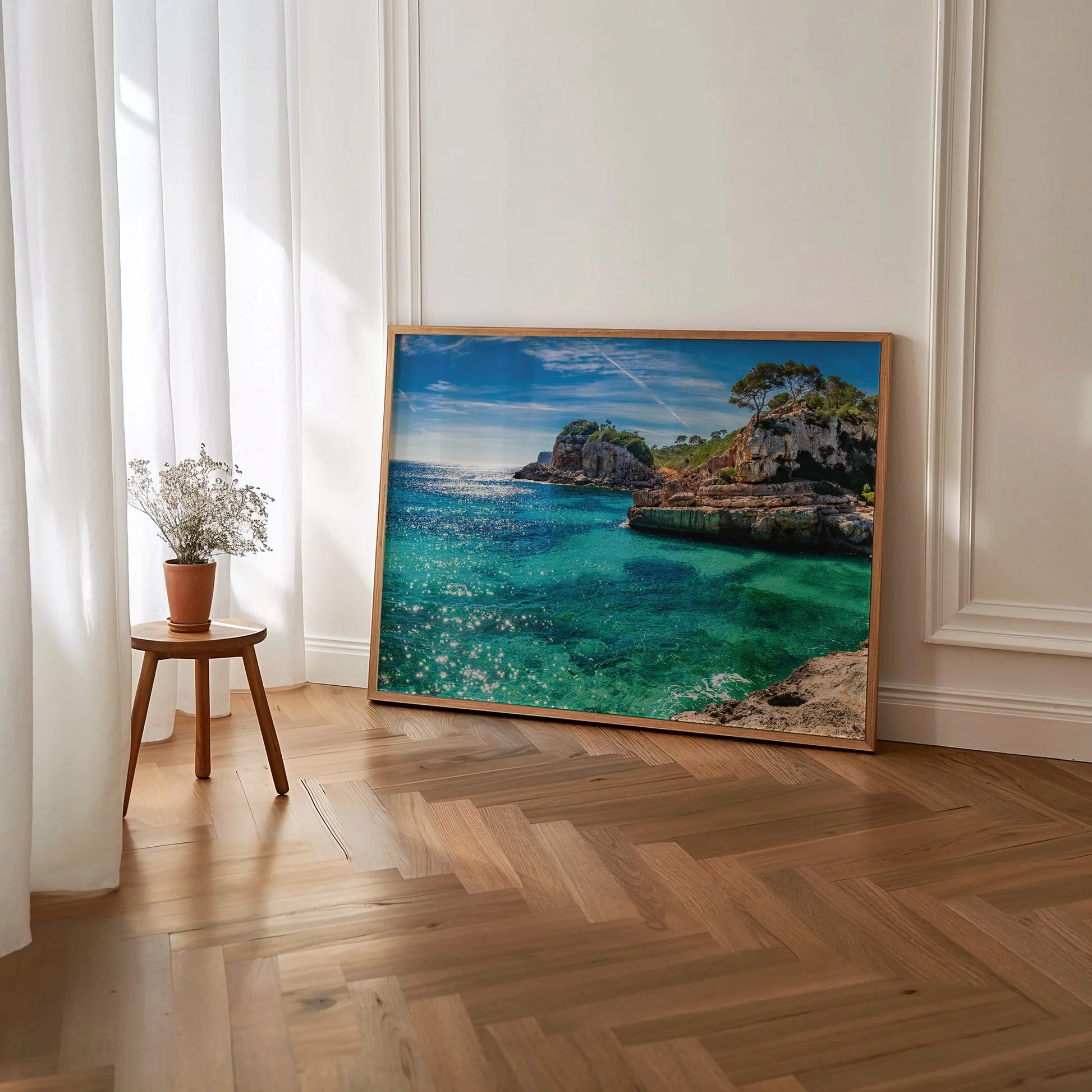 Mediterranean Cove Framed Print elegant living room decor.