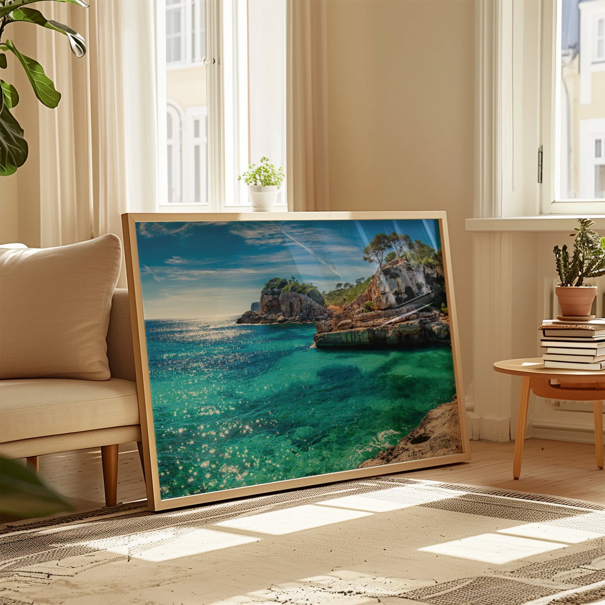 Mediterranean Cove Framed Print Displayed in Hallway.