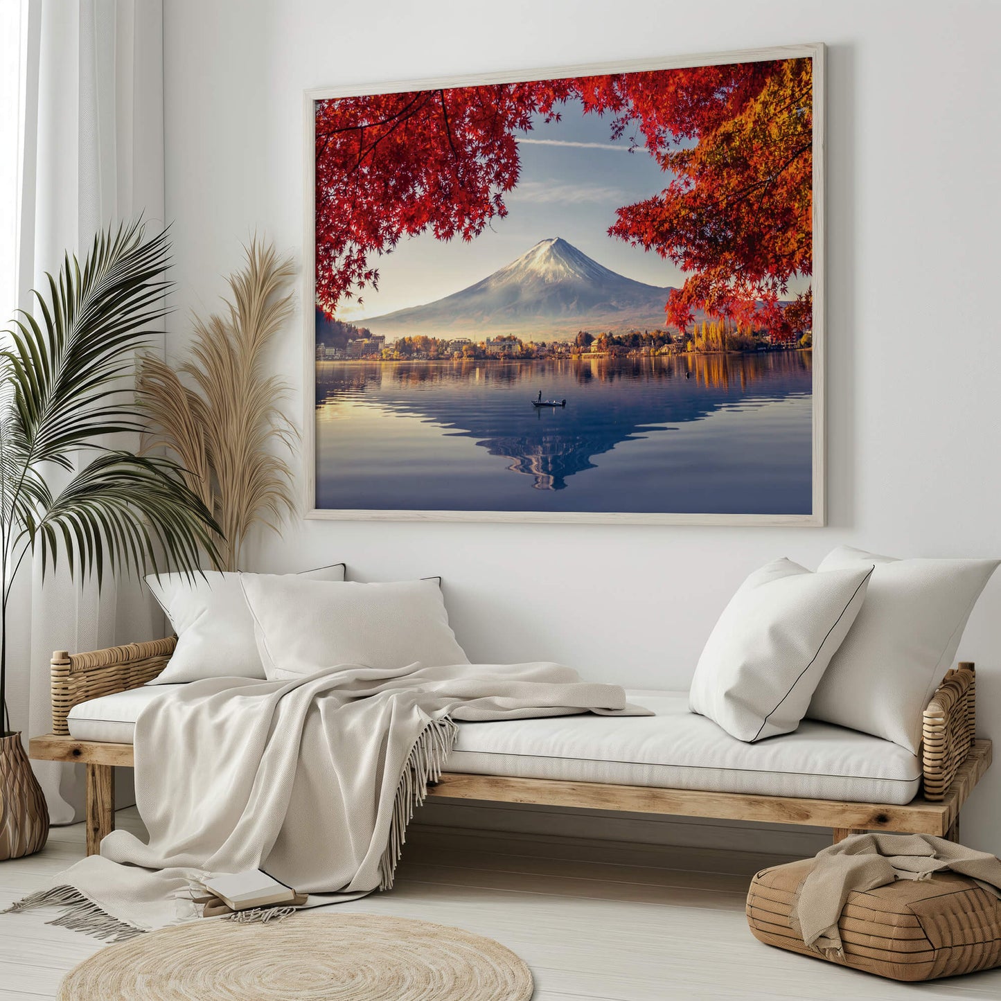 A large framed Autumn Fuji print displayed in a minimalist, nature-inspired living room with neutral tones and wooden elements.