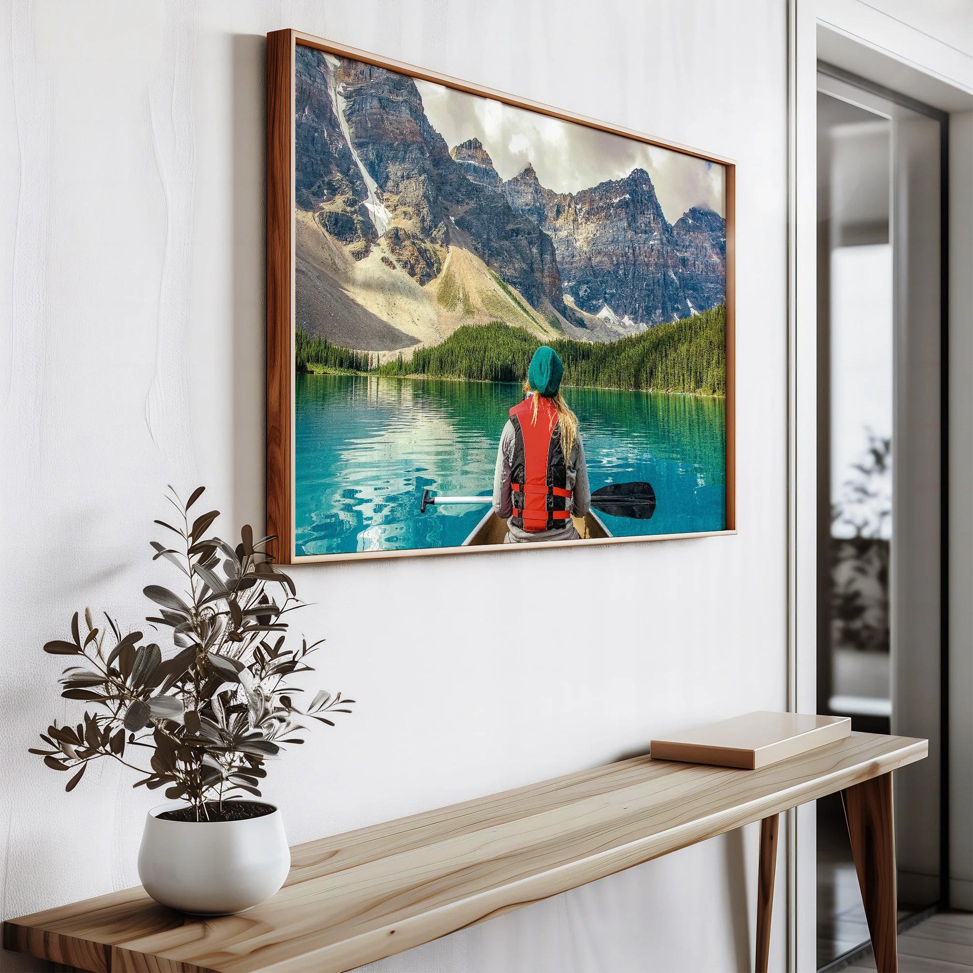 A close-up of the Mountain Canoeing Print, showcasing vivid colours and sharp details.