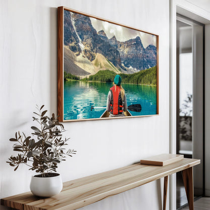 A close-up of the Mountain Canoeing Print, showcasing vivid colours and sharp details.