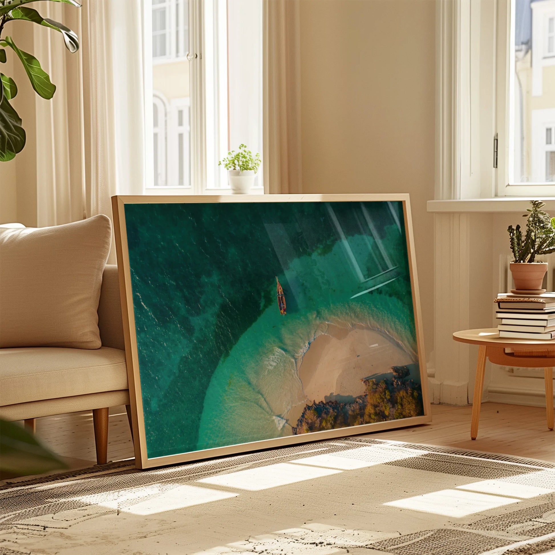 A close-up of the Secluded Beach Print, highlighting the fine details of the waves and boat.