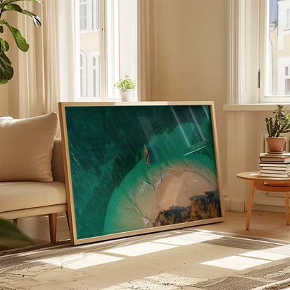 A close-up of the Secluded Beach Print, highlighting the fine details of the waves and boat.