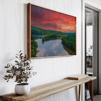 Sunrise River Framed Print standing on a desk.