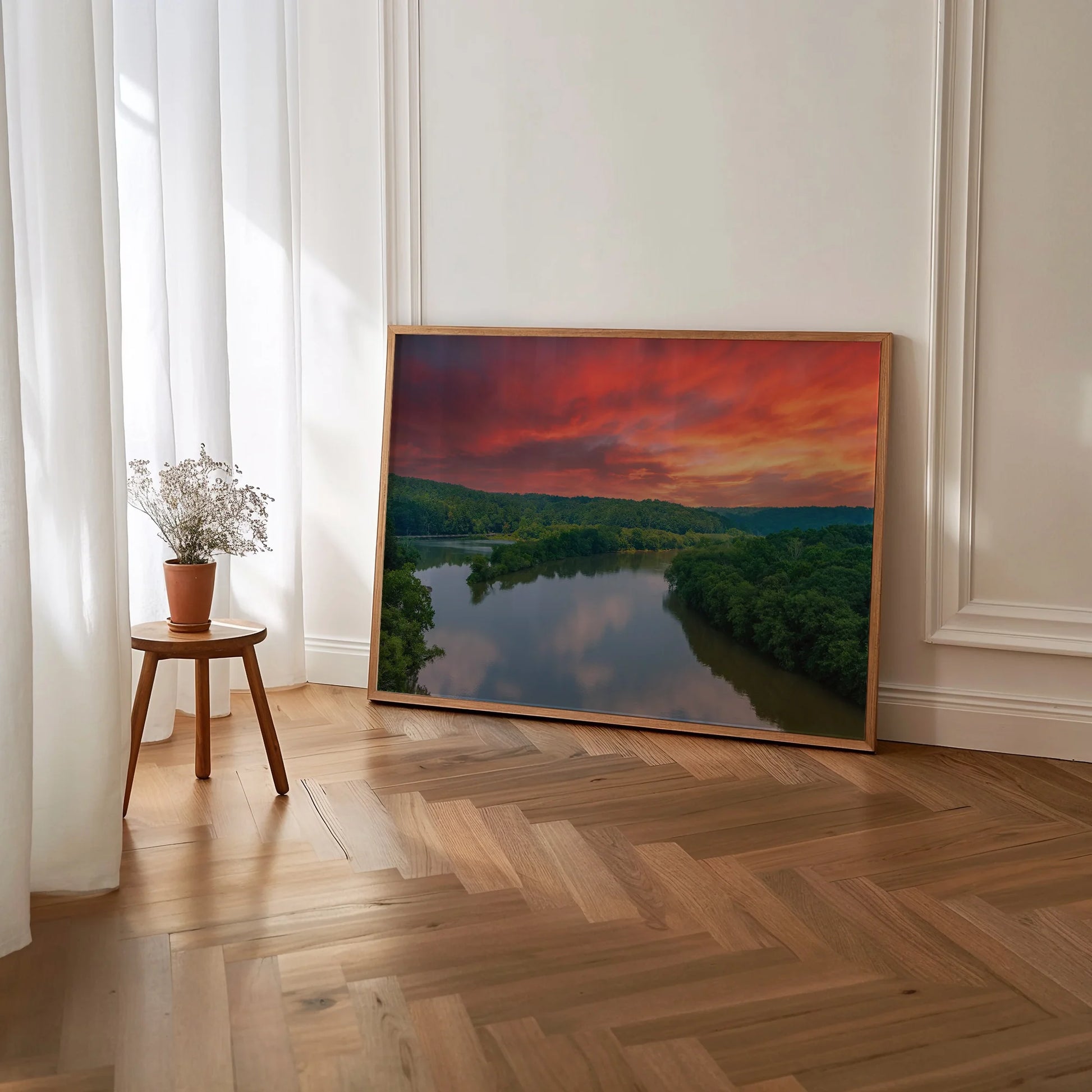 Sunrise River Framed Print in Elegant living Room Decor