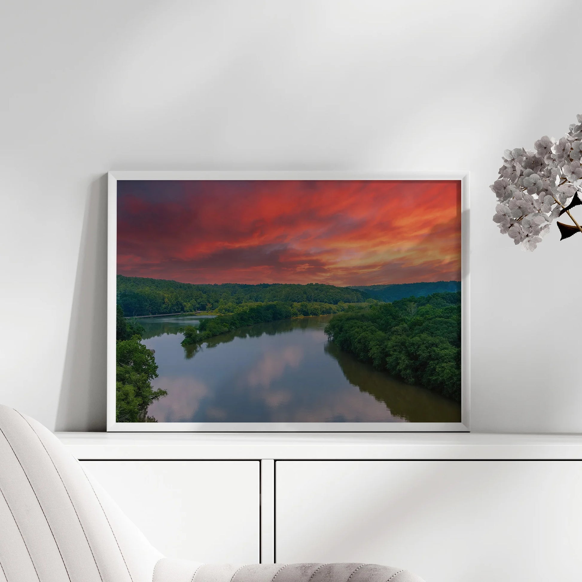 Sunrise River Framed Print hanging in the Hallway