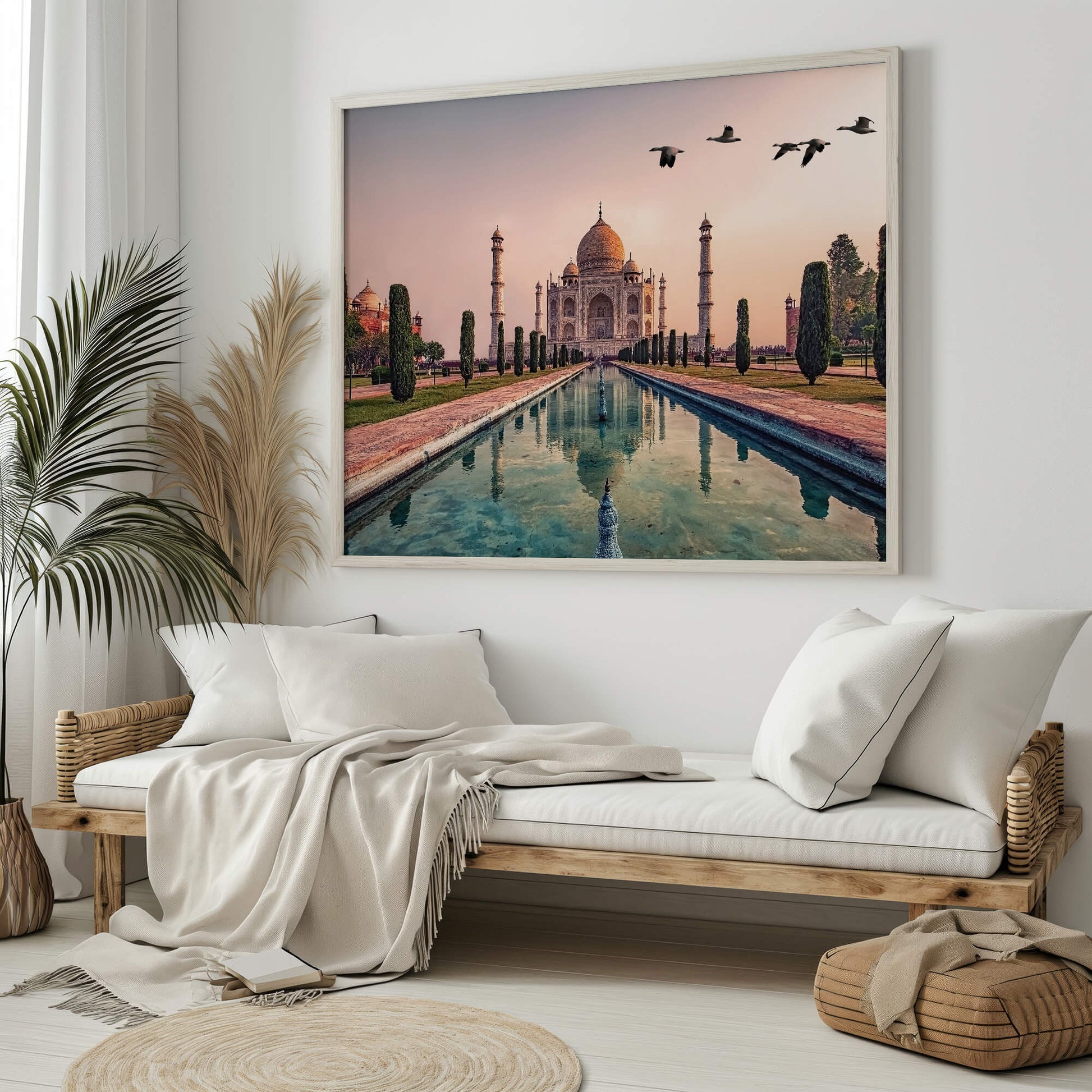 The Taj Mahal wall art print styled in an elegant living room with neutral tones and modern decor.