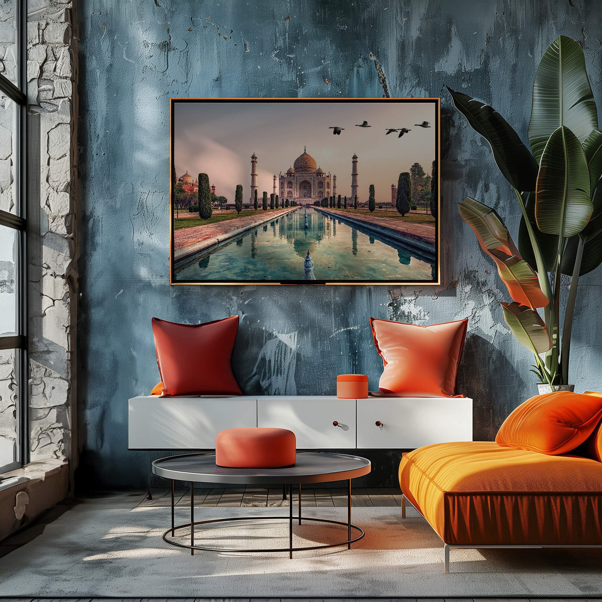 A stylish space featuring the Taj Mahal wall art print, adding warmth and sophistication.