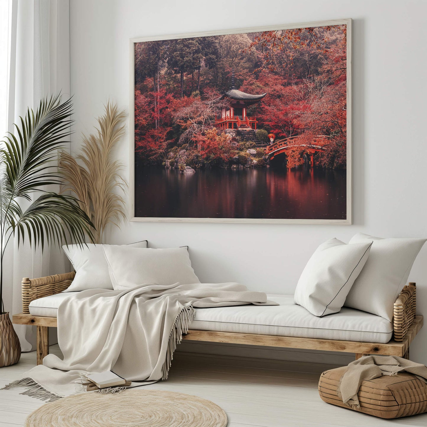 The framed Temple Reflection print styled in a modern living room, adding warmth and a cultural touch.