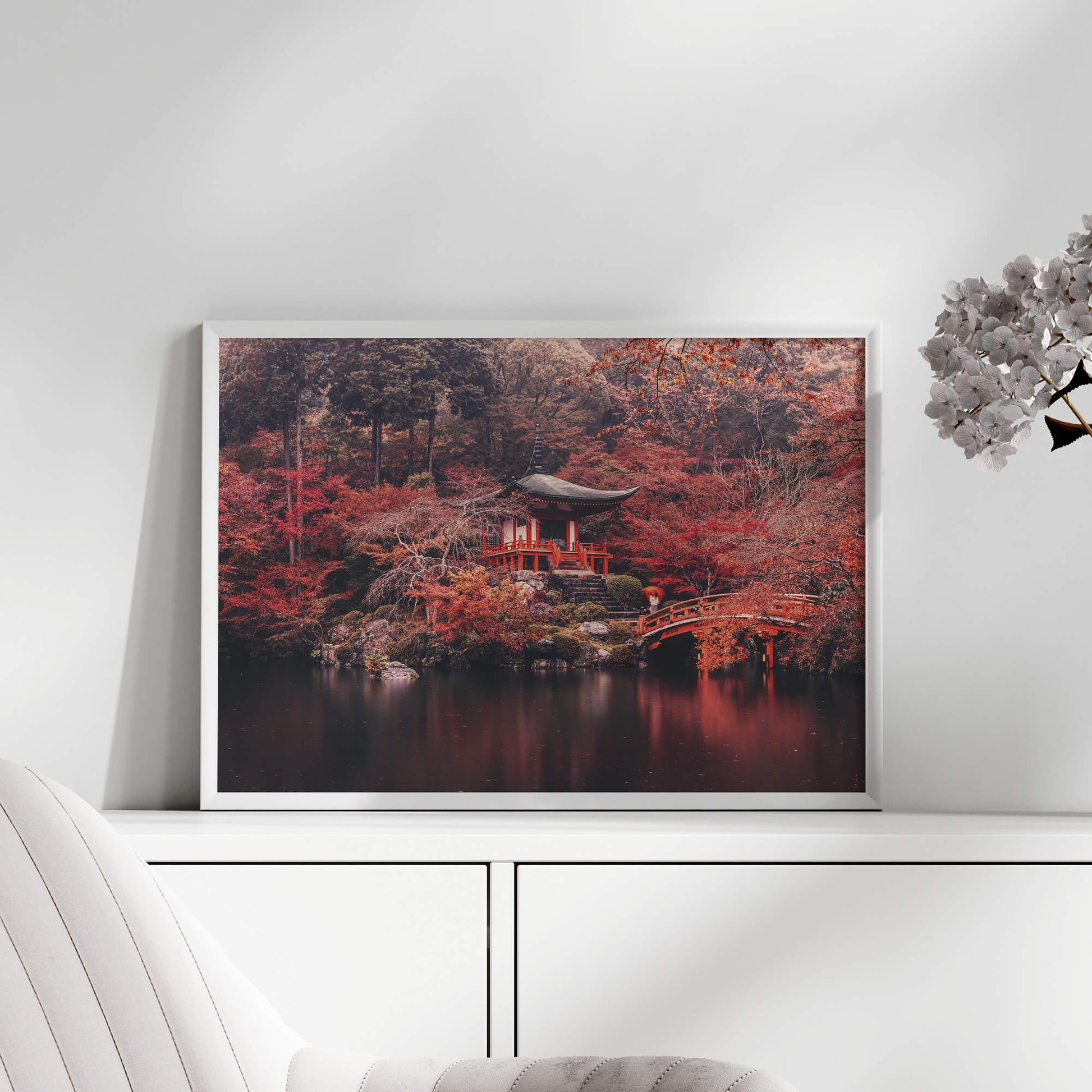 A white-framed version of the Temple Reflection print, offering a clean and sophisticated look.