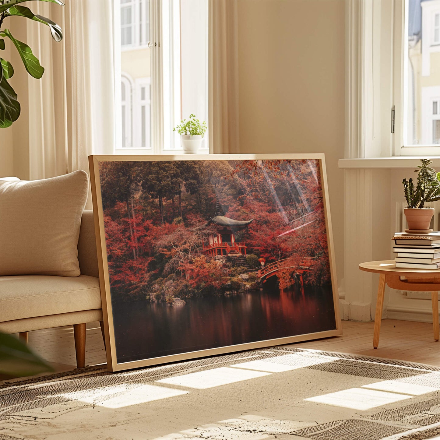 The Temple Reflection print in a wooden frame, highlighting its warm, earthy tones.