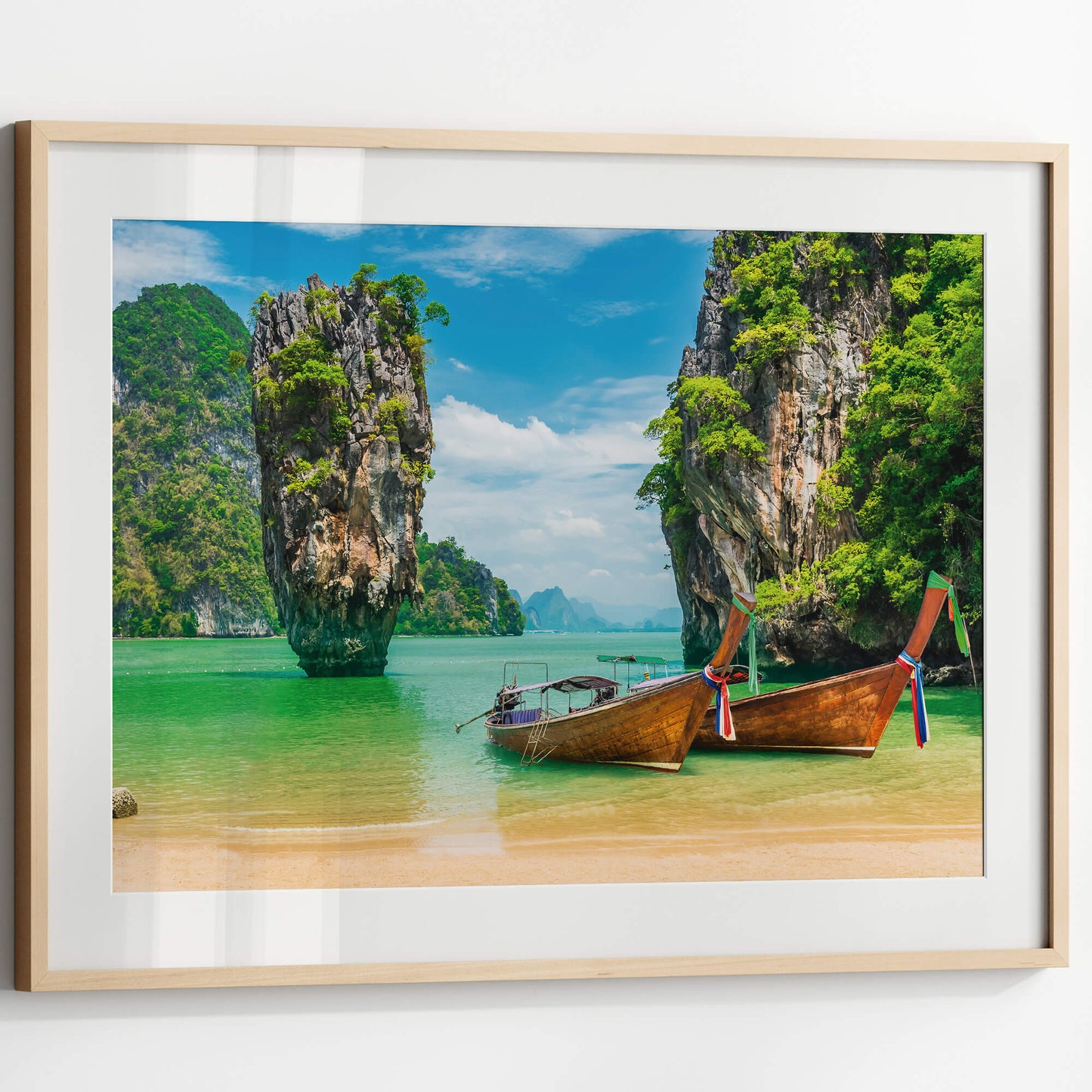 A close-up of the framed Thai Longtail boat print, showcasing vibrant colors and intricate details.